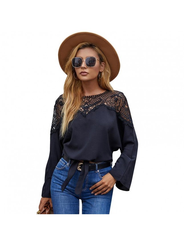 Black lace hollow top cover tumbling t shirt long sleeve