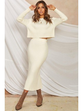 High Waist Rib Long Sleeve Winter Sweater Two Piece Dress – White