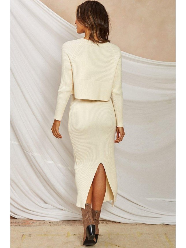 High Waist Rib Long Sleeve Winter Sweater Two Piece Dress – White