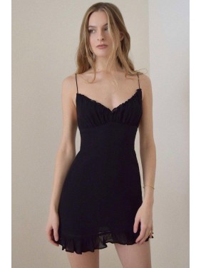 Frilly Spaghetti Strap Chiffon Slip Mini Dress – Black