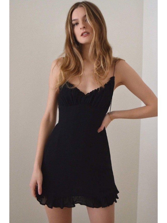 Frilly Spaghetti Strap Chiffon Slip Mini Dress – Black