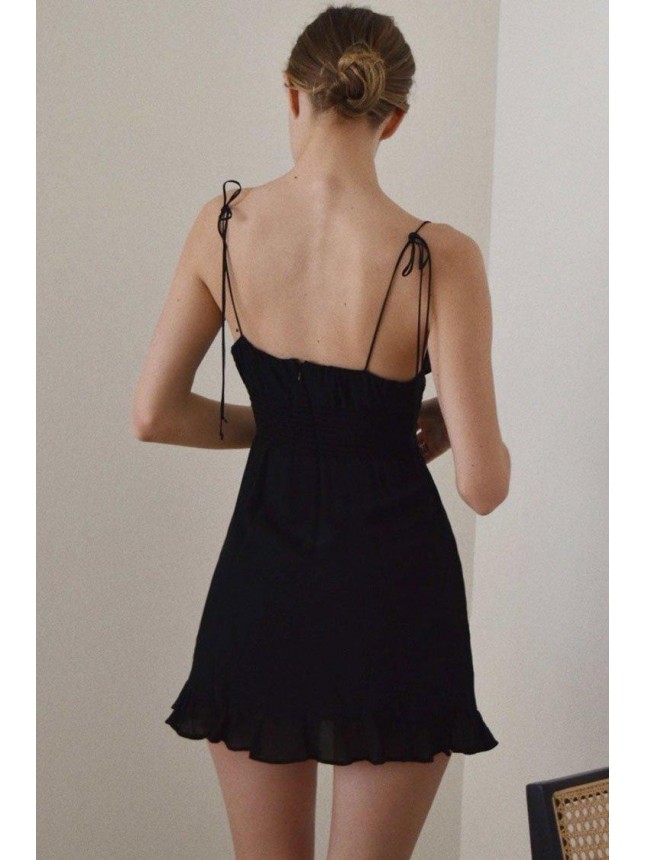 Frilly Spaghetti Strap Chiffon Slip Mini Dress – Black