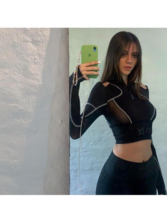 Navel roller color matching mesh shoulder book buckle T shirt