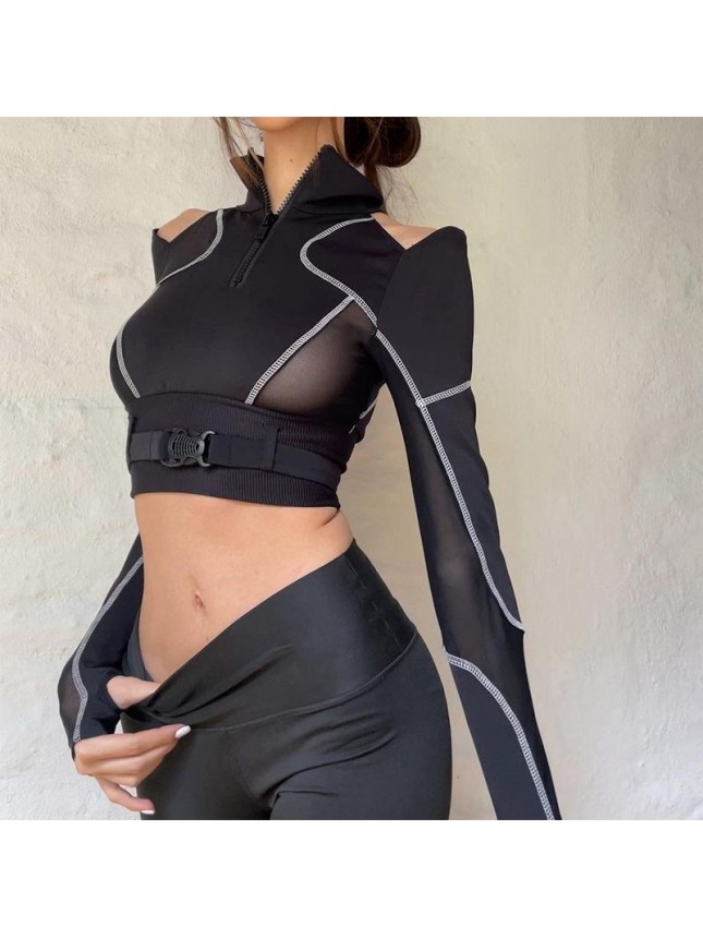 Navel roller color matching mesh shoulder book buckle T shirt
