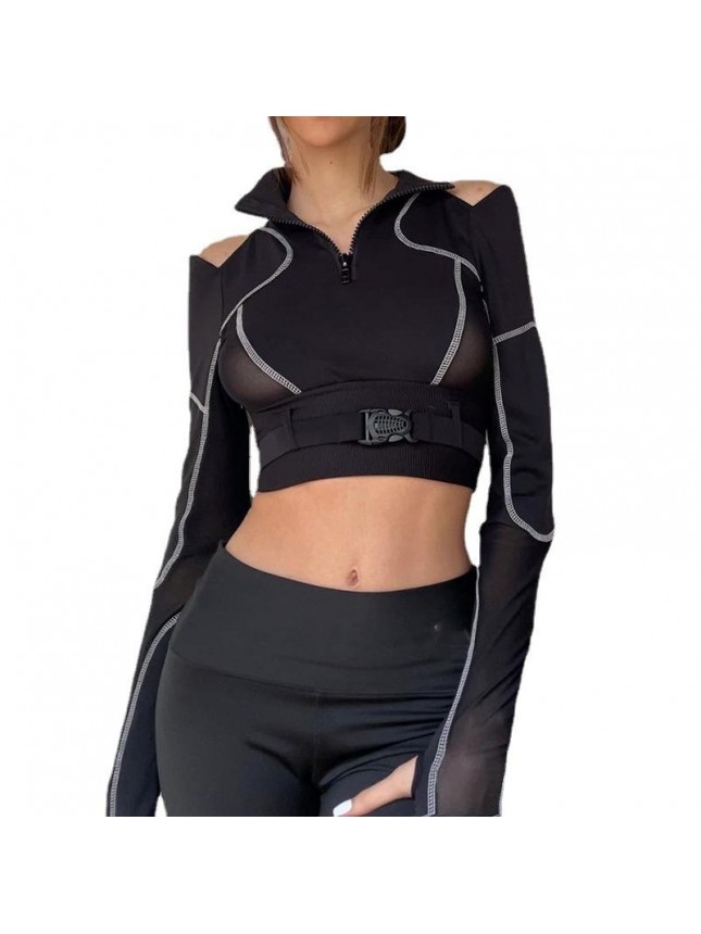 Navel roller color matching mesh shoulder book buckle T shirt