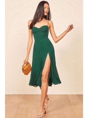 High Slit Sweetheart Chiffon Slip Midi Dress – Emerald Green