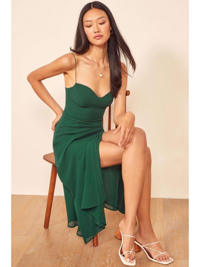High Slit Sweetheart Chiffon Slip Midi Dress – Emerald Green