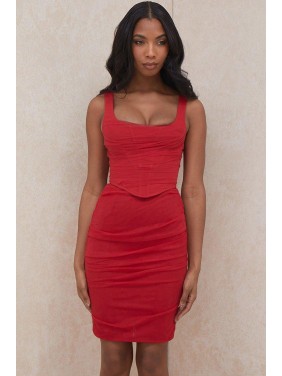 High Waist Mesh Corset Mini Two Piece Dress – Red