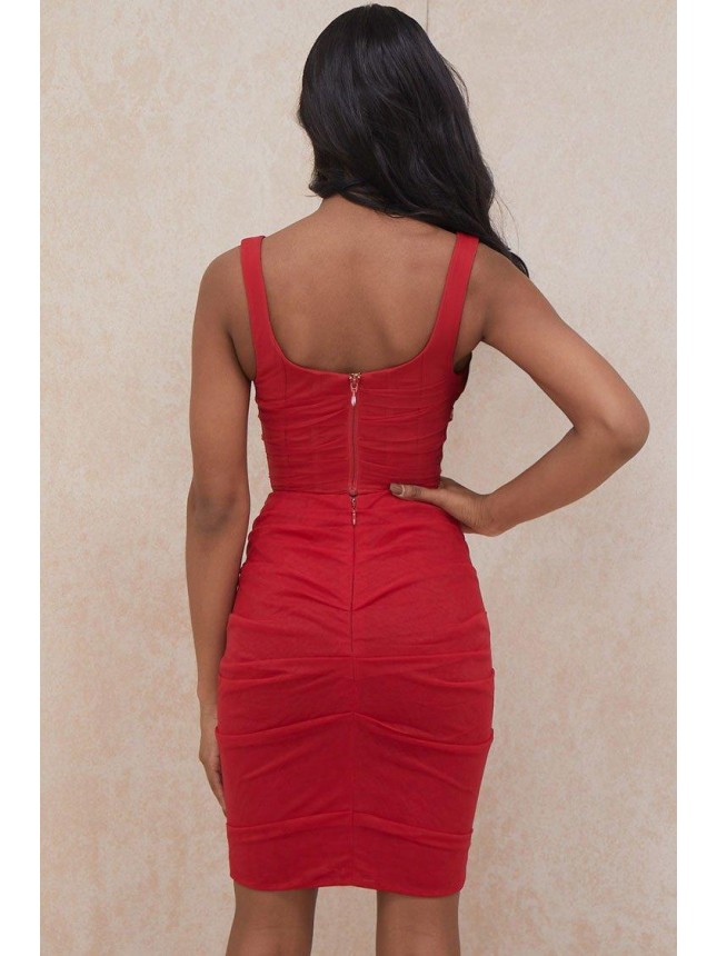 High Waist Mesh Corset Mini Two Piece Dress – Red