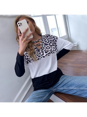 Milk leopard black and white stitching loose long sleeve T shirt