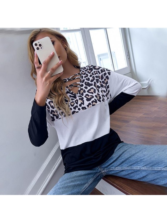 Milk leopard black and white stitching loose long sleeve T shirt