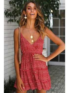 Floral Drawstring Tie Wrap Mini Summer Sundress – Red