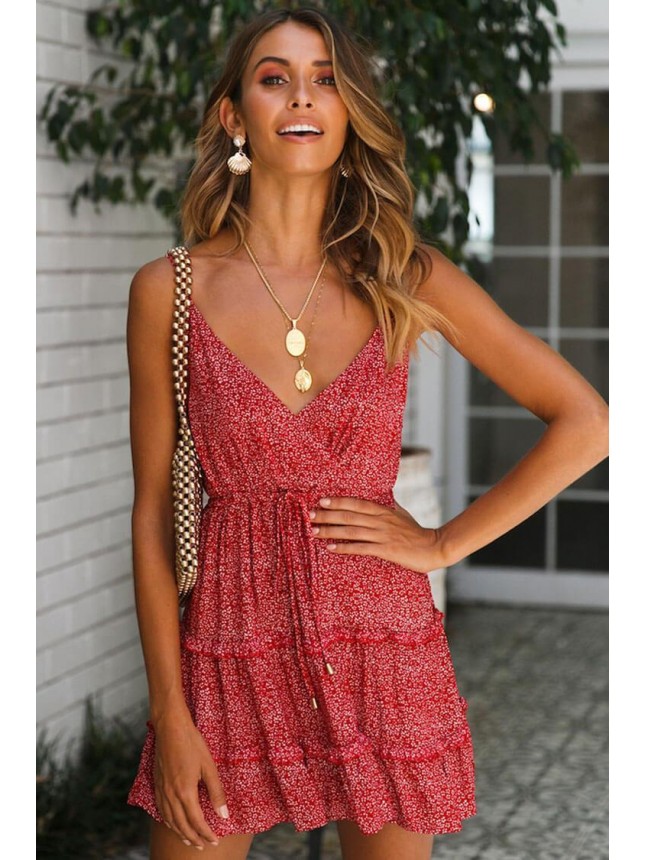 Floral Drawstring Tie Wrap Mini Summer Sundress – Red