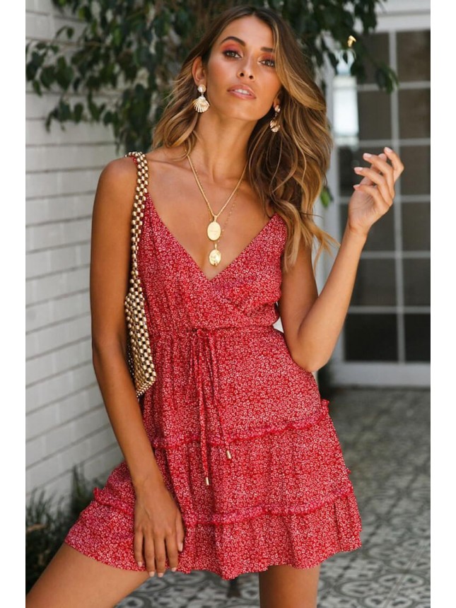 Floral Drawstring Tie Wrap Mini Summer Sundress – Red