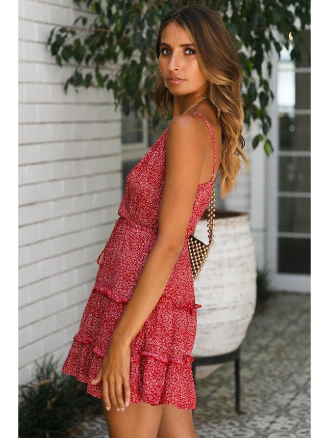 Floral Drawstring Tie Wrap Mini Summer Sundress – Red