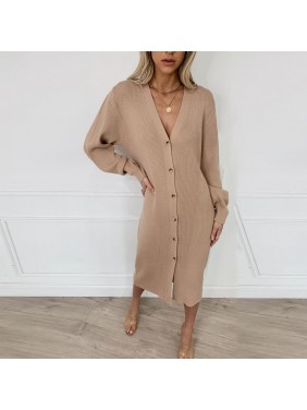 Casual Long Sleeve Button Down Ribbed Winter Mini Sweater Dress – Coffee