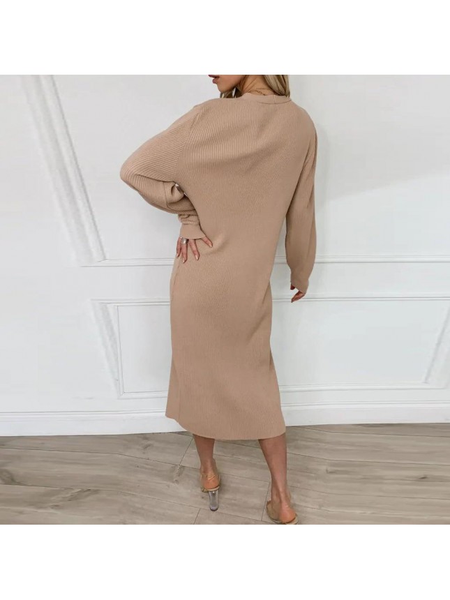 Casual Long Sleeve Button Down Ribbed Winter Mini Sweater Dress – Coffee