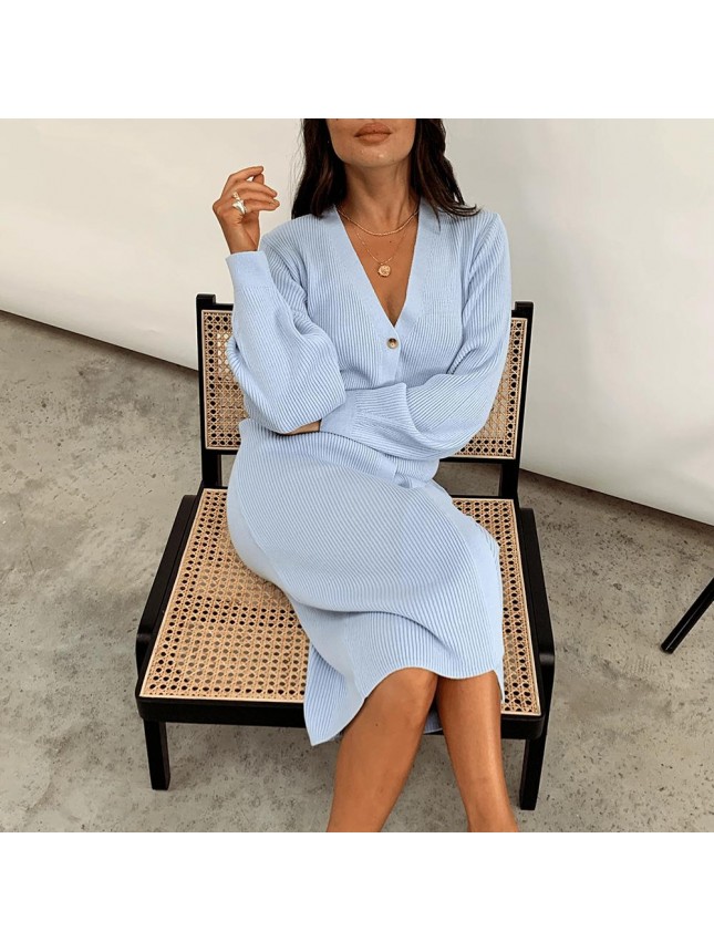 Casual Long Sleeve Button Down Ribbed Winter Mini Sweater Dress – Coffee