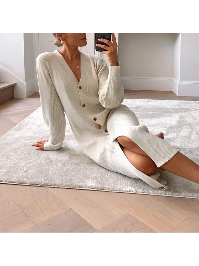 Casual Long Sleeve Button Down Ribbed Winter Mini Sweater Dress – Coffee