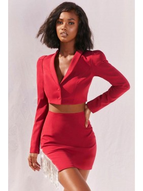 Sparkling Rhinestone Fringe High Waist Blazer Two Piece Dress – Red