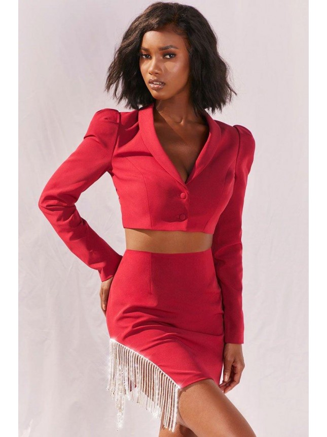 Sparkling Rhinestone Fringe High Waist Blazer Two Piece Dress – Red