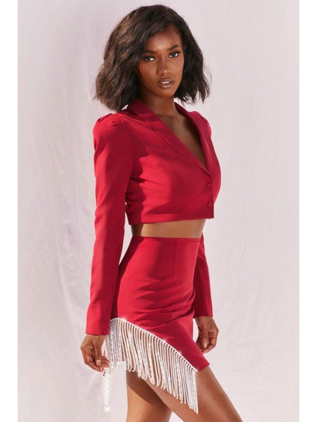 Sparkling Rhinestone Fringe High Waist Blazer Two Piece Dress – Red
