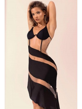 Asymmetric Mesh Panel Lingerie Sheer Club Dress – Black