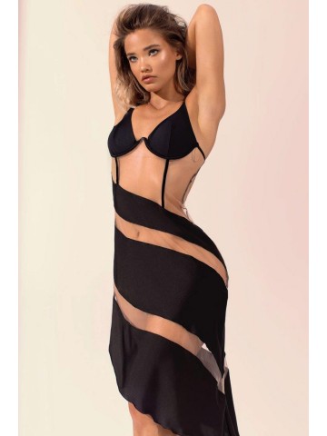 Asymmetric Mesh Panel Lingerie Sheer Club Dress – Black