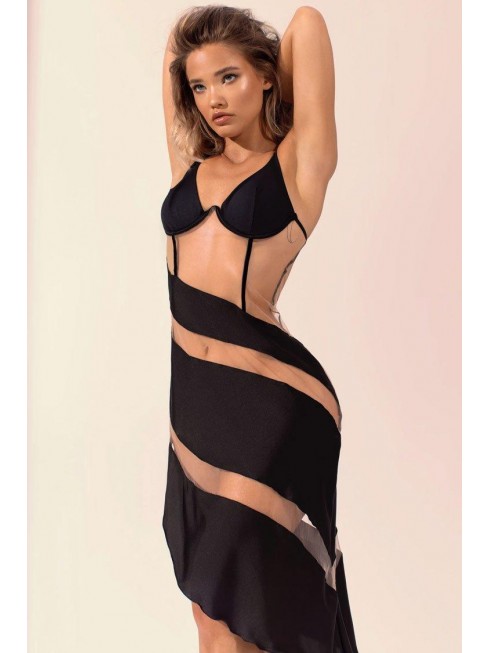 Asymmetric Mesh Panel Lingerie Sheer Club Dress – Black
