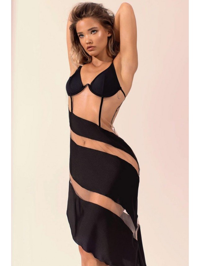 Asymmetric Mesh Panel Lingerie Sheer Club Dress – Black