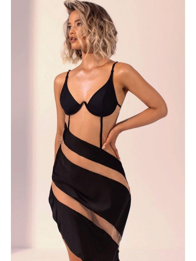 Asymmetric Mesh Panel Lingerie Sheer Club Dress – Black