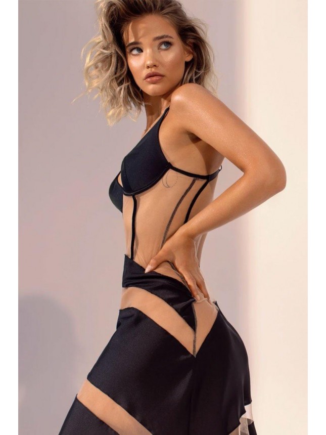 Asymmetric Mesh Panel Lingerie Sheer Club Dress – Black