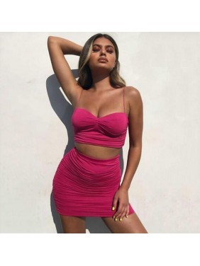 Lace Trim Bustier High Waist Mini Two Piece Dress – Hot Pink