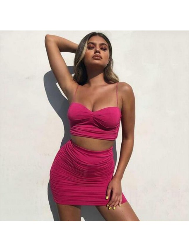Lace Trim Bustier High Waist Mini Two Piece Dress – Hot Pink