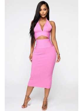 Ribbed High Waist Halter Bandage Midi Two Piece Dress – Pink