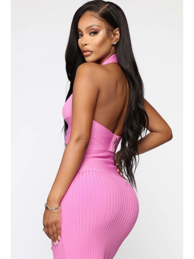 Ribbed High Waist Halter Bandage Midi Two Piece Dress – Pink