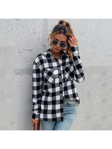 Black and white plaid shirt lapel long sleeve shirt