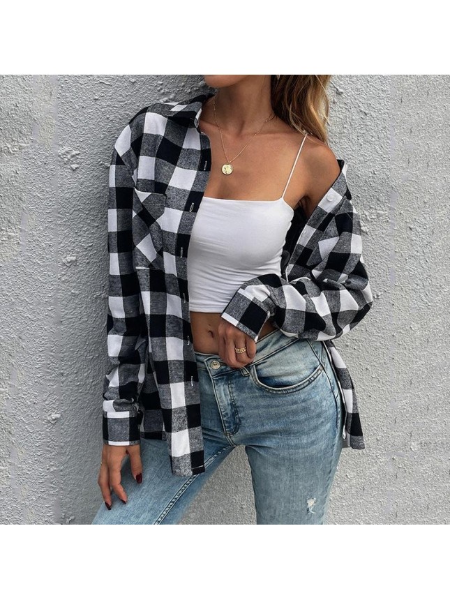 Black and white plaid shirt lapel long sleeve shirt