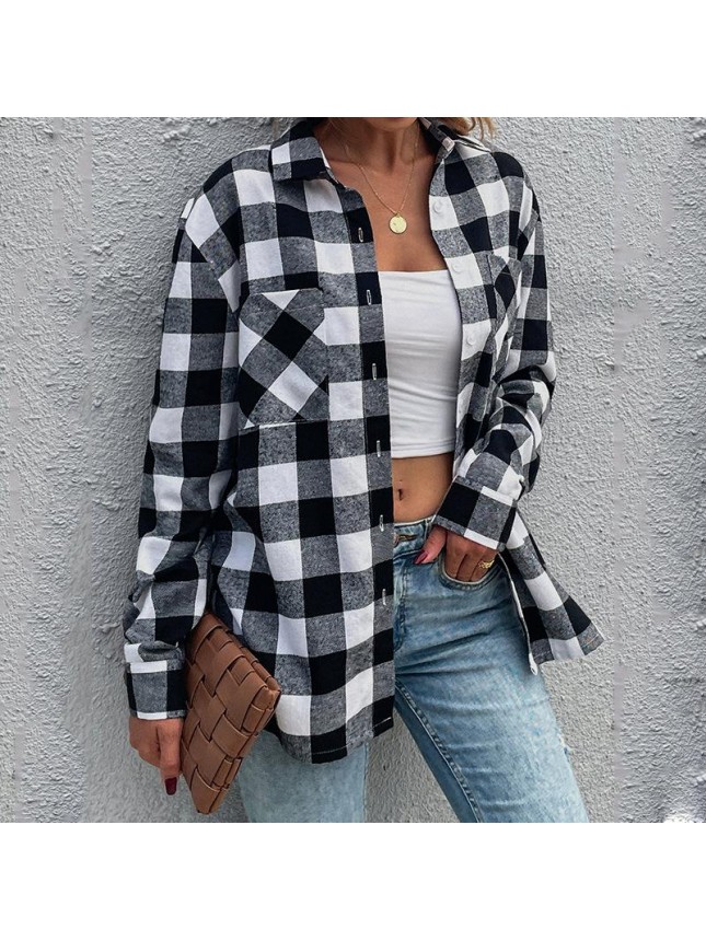 Black and white plaid shirt lapel long sleeve shirt