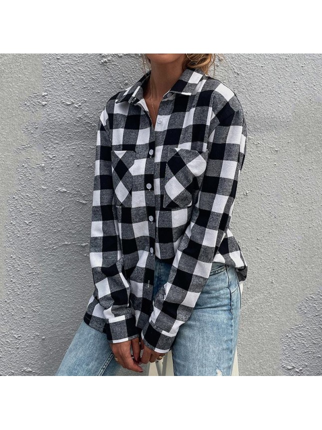 Black and white plaid shirt lapel long sleeve shirt