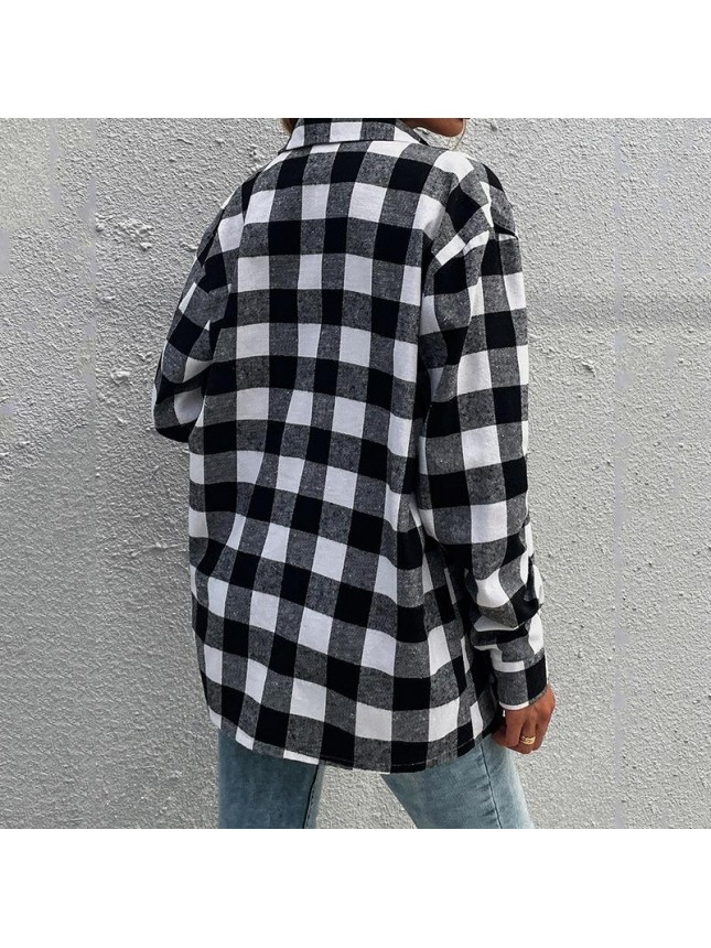 Black and white plaid shirt lapel long sleeve shirt