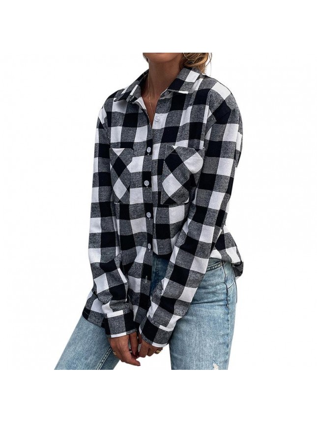 Black and white plaid shirt lapel long sleeve shirt