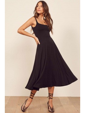 Pocketed A-Line Summer Midi Little Black Dress – Black