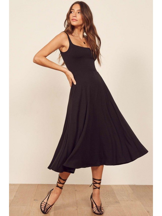 Pocketed A-Line Summer Midi Little Black Dress – Black