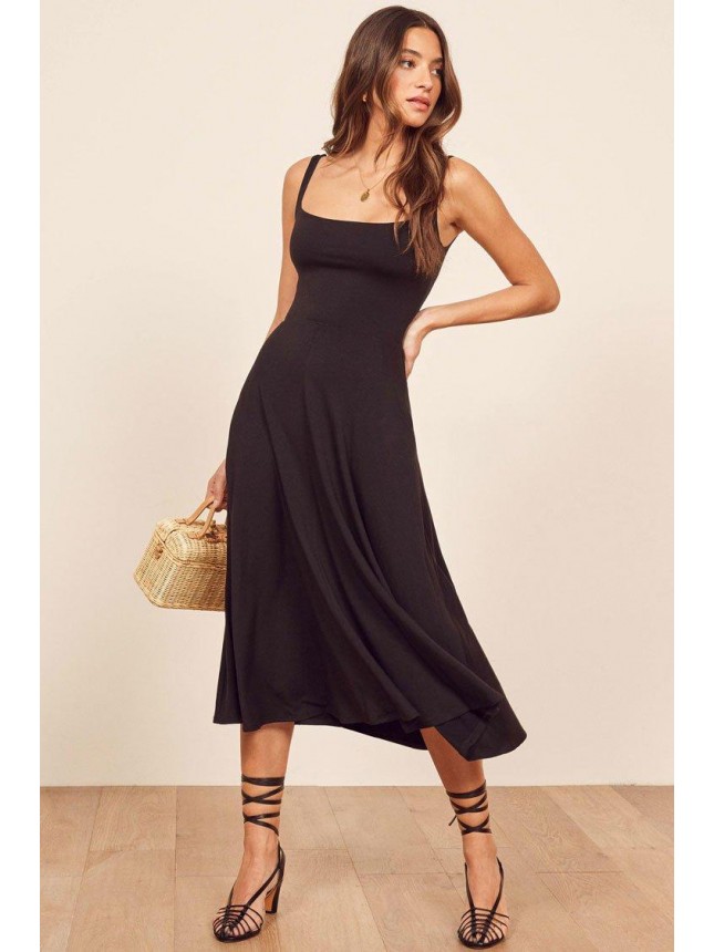 Pocketed A-Line Summer Midi Little Black Dress – Black