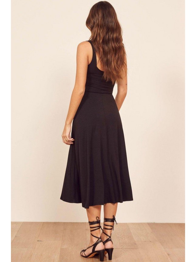 Pocketed A-Line Summer Midi Little Black Dress – Black