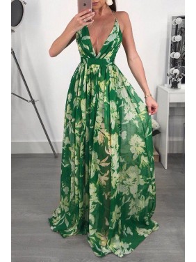 Deep V-neck open back Chiffon Dress
