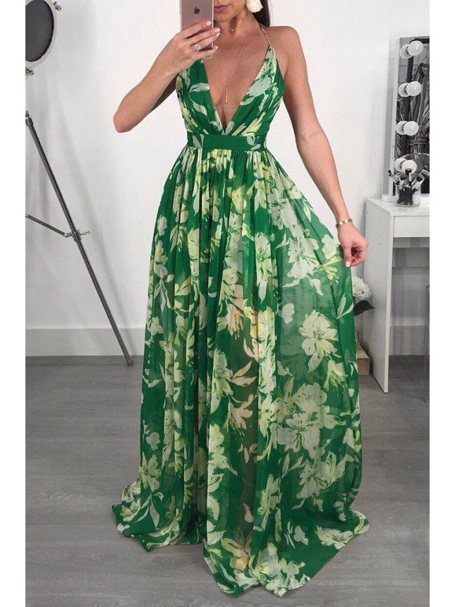 Deep V-neck open back Chiffon Dress