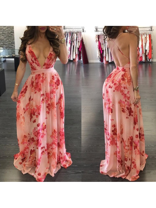 Deep V-neck open back Chiffon Dress