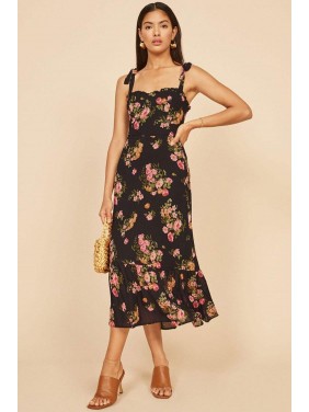 Floral Print Tie Strap Shirred Chiffon Midi Dress – Black